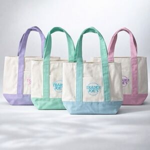 NEW TRADER JOE'S MINI PASTEL CANVAS TOTE BAGS SET Of 4 - PINK PURPLE BLUE GREEN